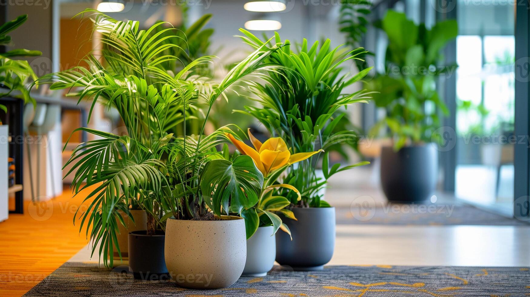 AI generated Office Plantscape, Showcase a variety of indoor plants strategically placed around the office, background image, generative AI photo