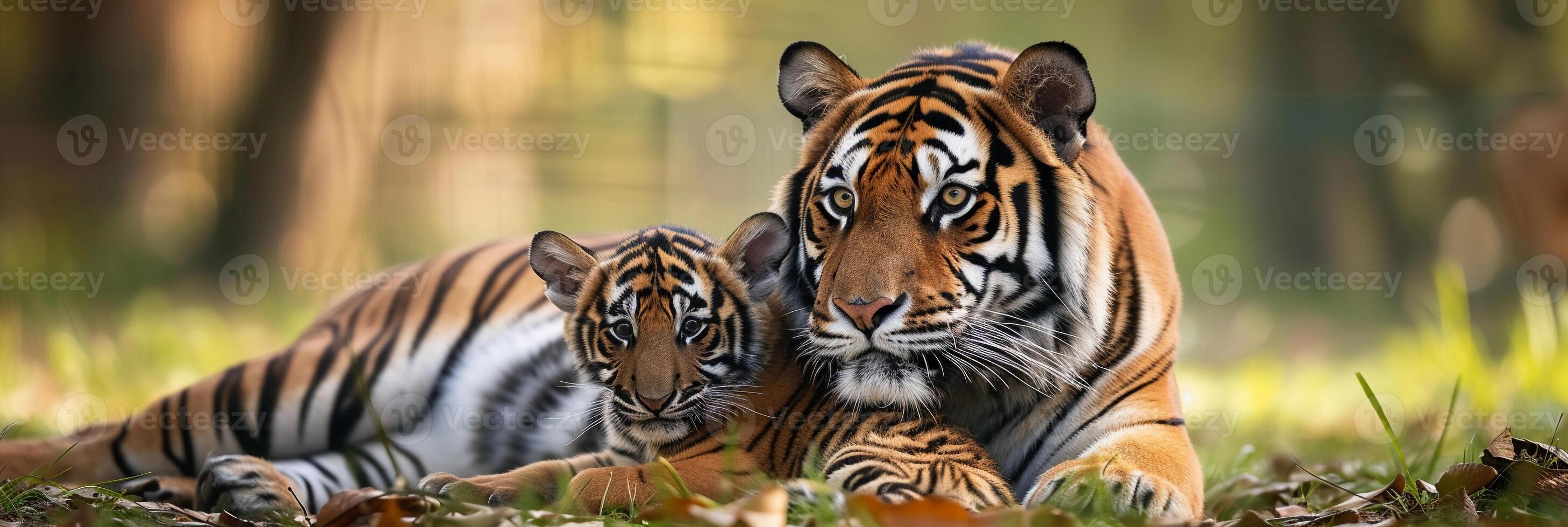 AI generated Portrait of a male tiger with a little tiger cub, background image, generative AI photo