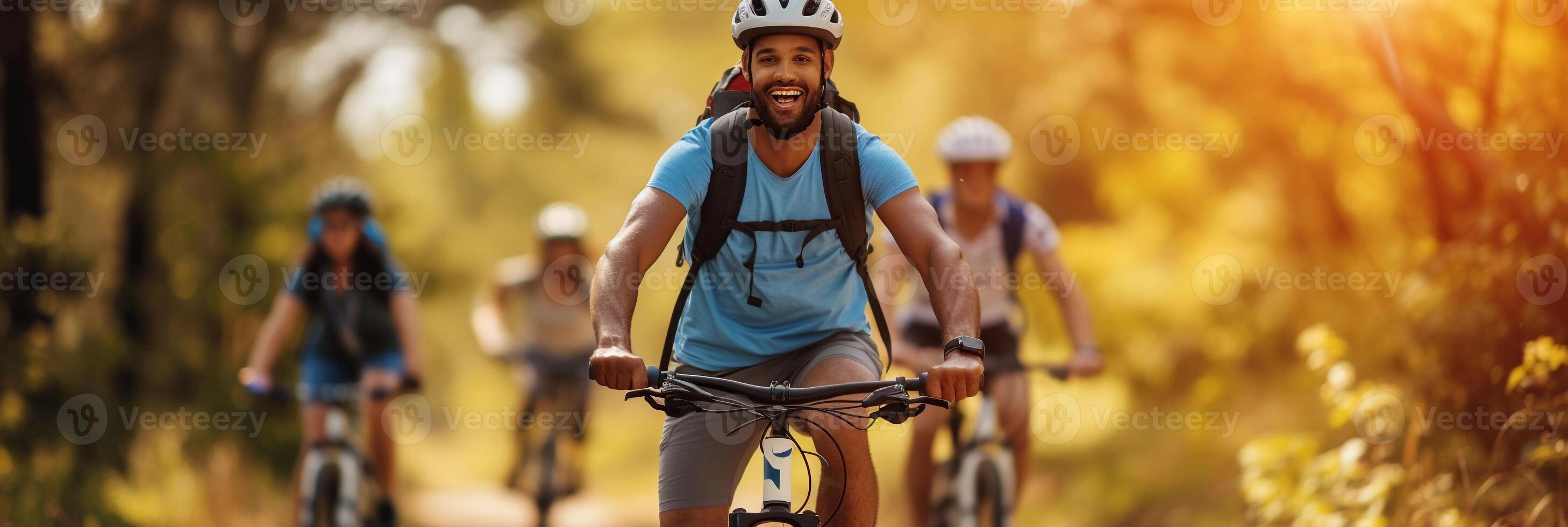 ai generado renovado al aire libre actividades, personas atractivo en al aire libre ocupaciones me gusta andar en bicicleta, senderismo, o jugando Deportes en el agradable primavera clima, antecedentes imagen, generativo ai foto