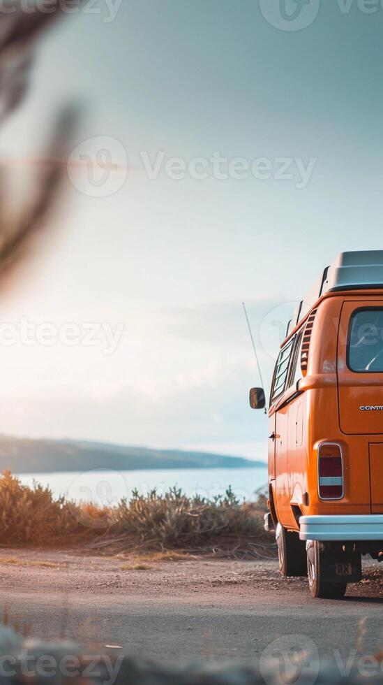 AI generated Camper Van Freedom, capture a camper van parked by the beach or in a scenic location, background image generative AI photo