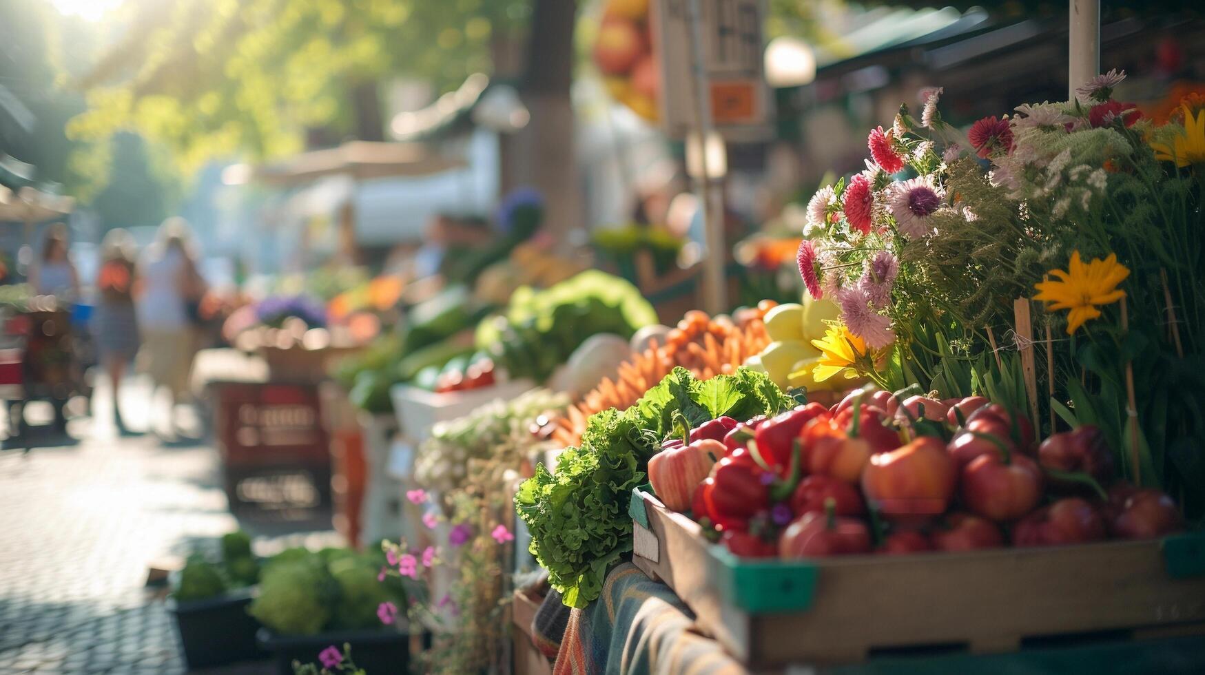 AI generated Farmers' Market Bounty, farmers' market scene with stalls brimming with fresh produce and flowers, background image, generative AI photo