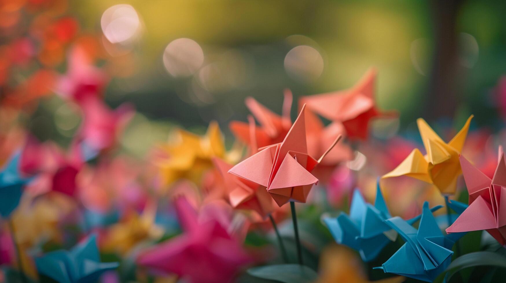 AI generated Origami Garden, illustrate an enchanting garden scene with origami flowers, plants and butterflies, background image, generative AI photo