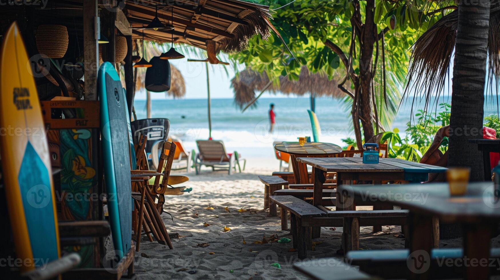 AI generated Photograph a beach cafe with surfboards as decor, background image, generative AI photo