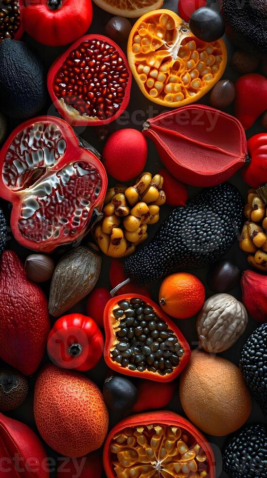 AI generated Intricate patterns and textures of various fruit seeds, background image, AI generated photo