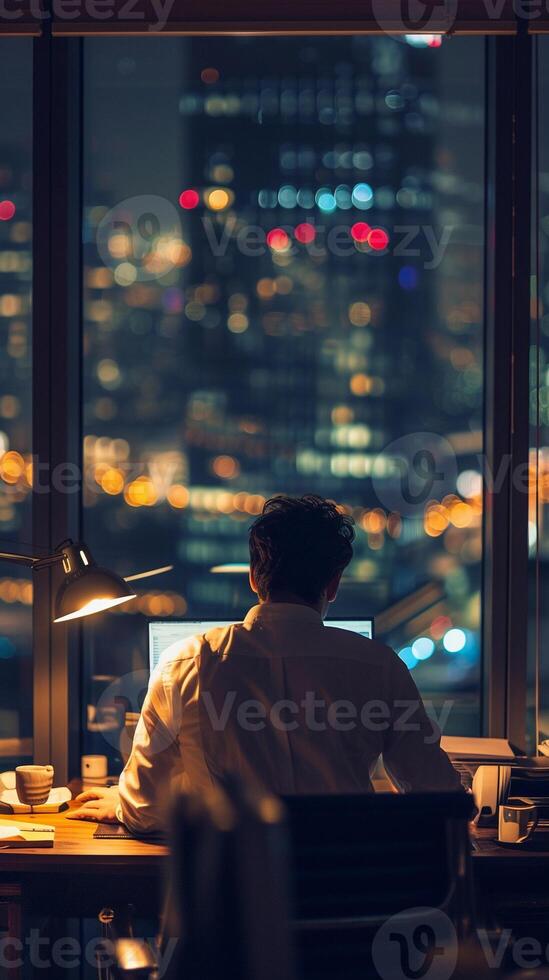 AI generated After-Hours Work, soft focus lens, Illustrate a dedicated employee working late at the office, background image, generative AI photo