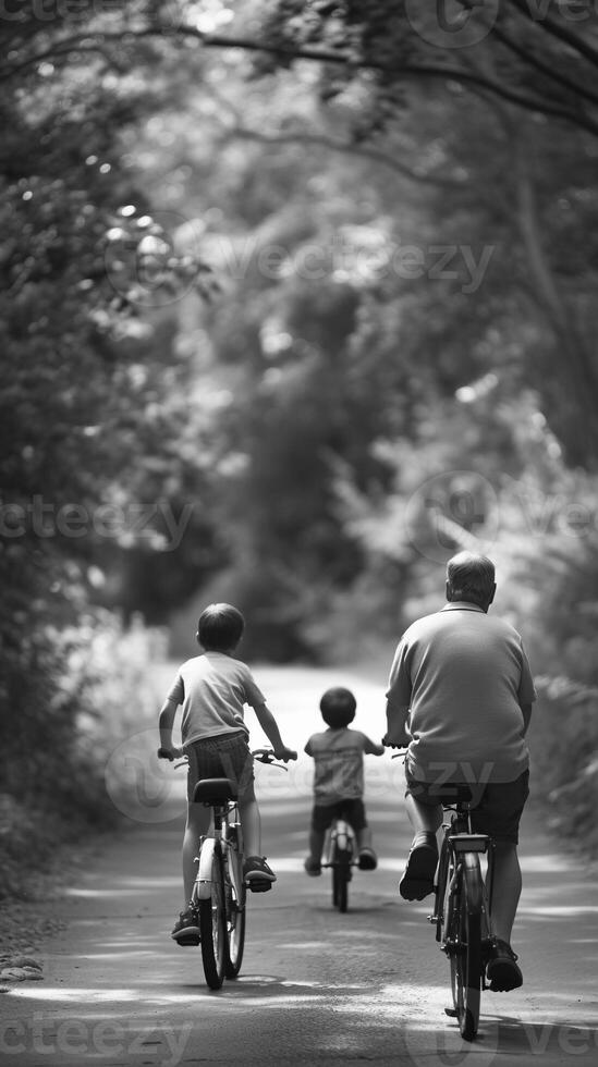 ai generado familia bicicleta conducir, familia ciclismo juntos en un parque, antecedentes imagen, generativo ai foto