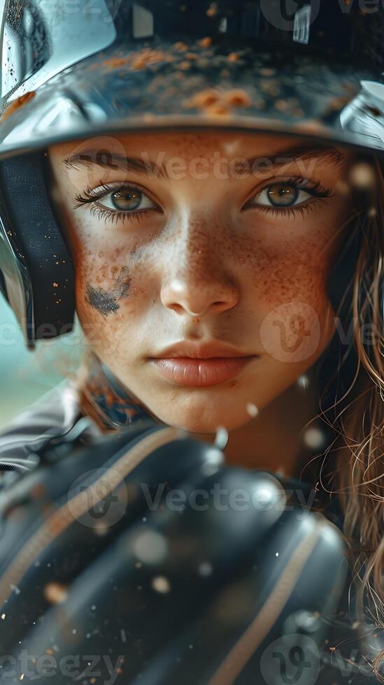 AI generated Portrait of a young white female wearing baseball player uniform in action, background image, AI generated photo