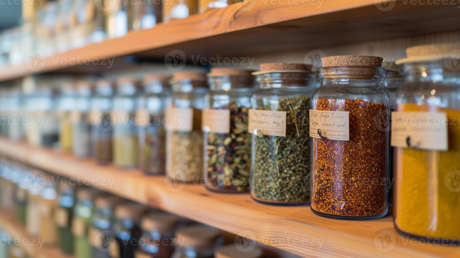 AI generated Spice Jar Symphony, collection of neatly labeled spice jars on a kitchen shelf, background image, generative AI photo