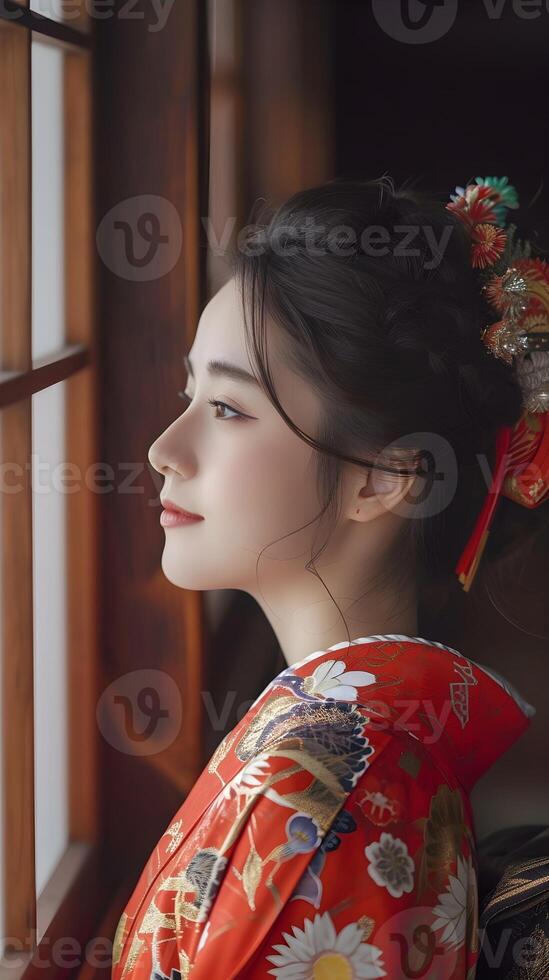 AI generated Portrait of young beautiful japanese female wearing traditional japanese clothes, generative AI photo