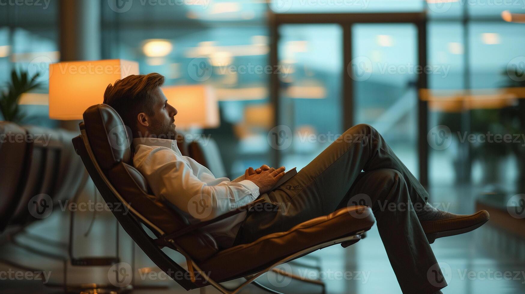 AI generated Airport Lounge Relaxation, a traveler enjoying a quiet moment in an airport lounge, background image, generative AI photo
