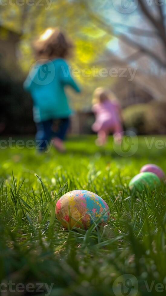 AI generated Easter Egg Hunt, background image, generative AI photo