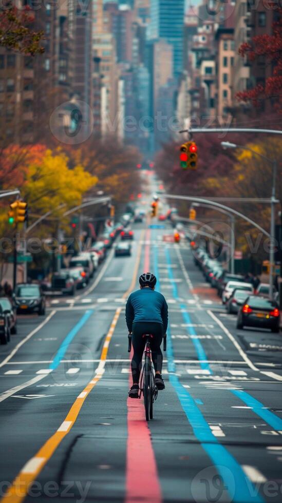 AI generated Bike Lane Adventure, cyclist riding down a designated bike lane in an urban setting, background image, generative AI photo