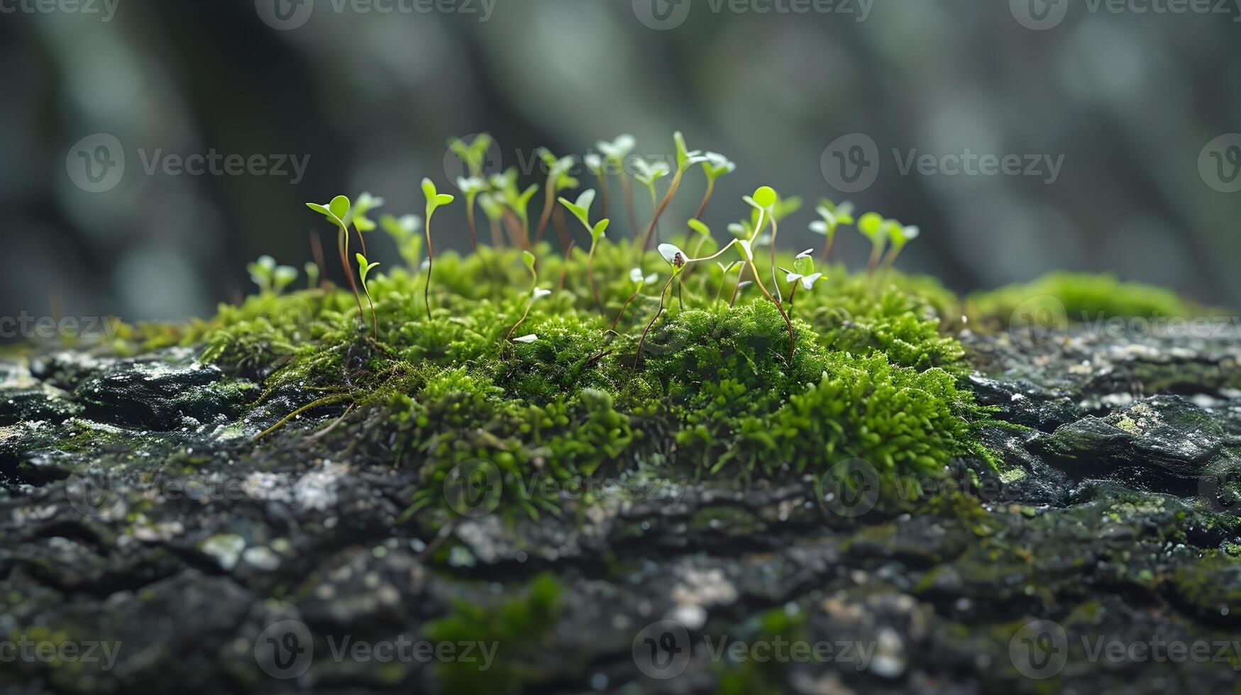 AI generated Miniature landscape of moss growing on a tree bark, background image, generative AI photo