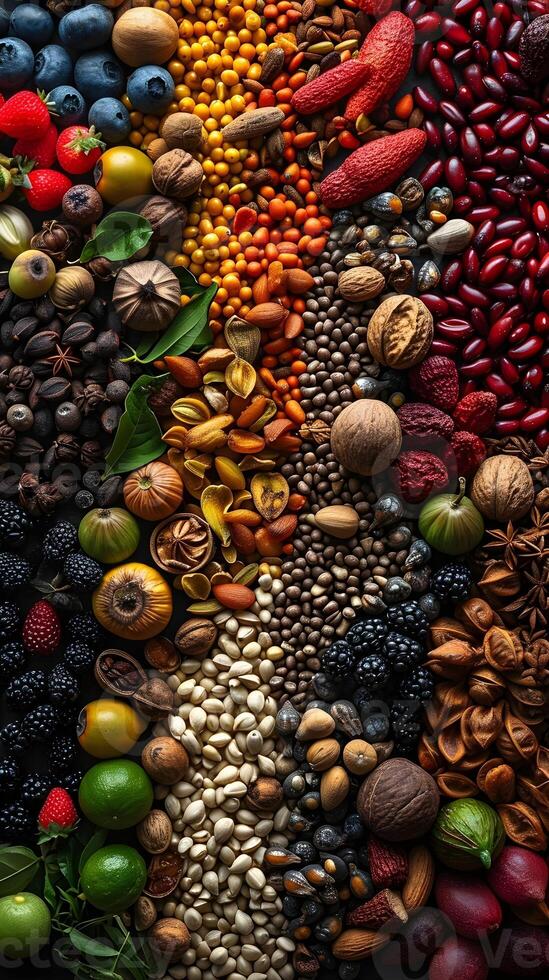 AI generated Intricate patterns and textures of various fruit seeds, background image, AI generated photo