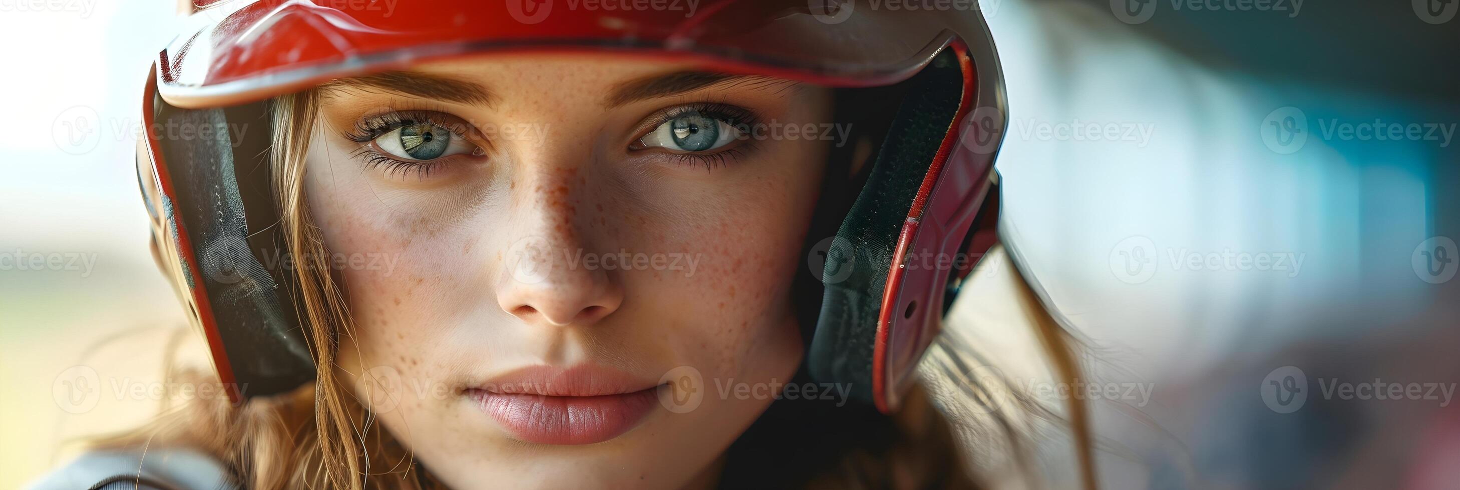 AI generated Portrait of a young white female wearing baseball player uniform in action, background image, AI generated photo