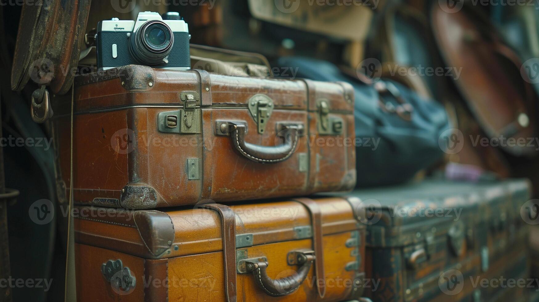 AI generated Capture a vintage suitcase open with travel essentials spilling out, background image generative AI photo