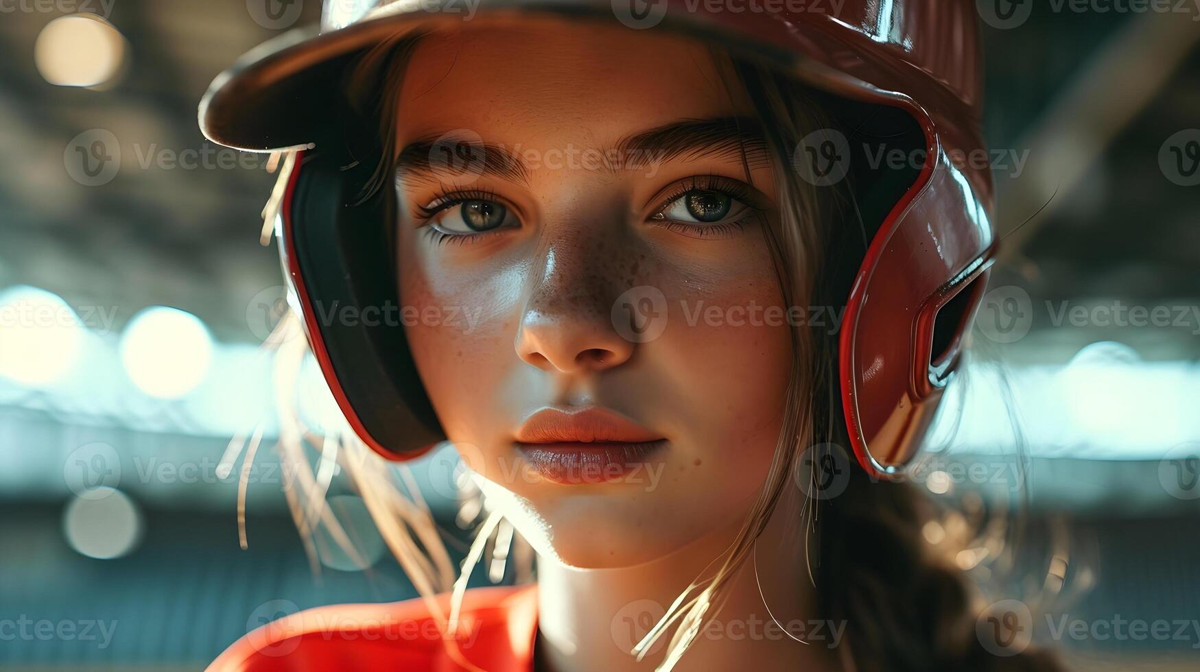 AI generated Portrait of a young white female wearing baseball player uniform in action, background image, AI generated photo