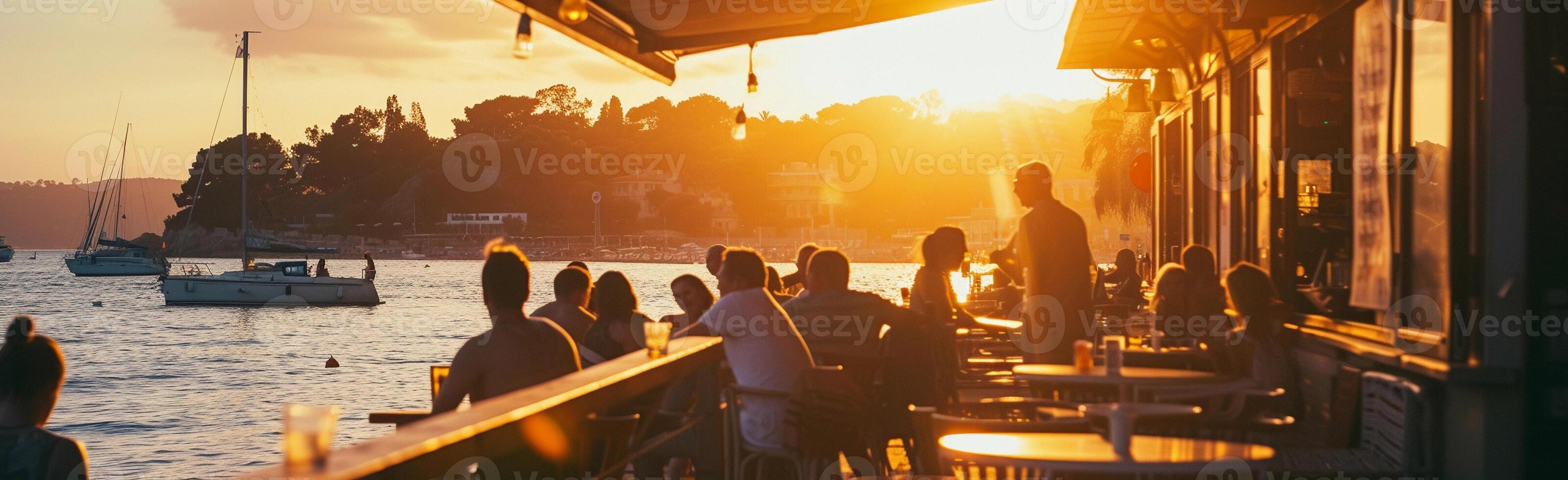 AI generated Beachside cafe scene during sunset, background image, generative AI photo