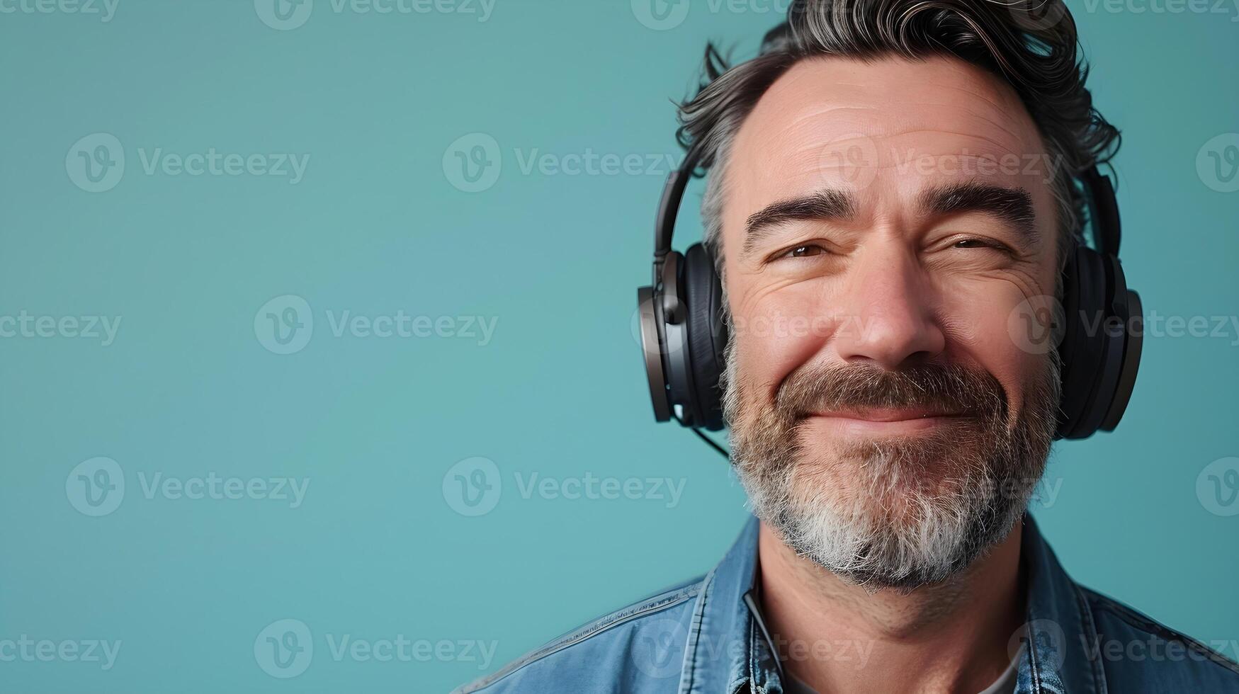 AI generated Portrait of a white middle-aged male smiling while wearing wireless headphones against pastel blue background, generative AI photo