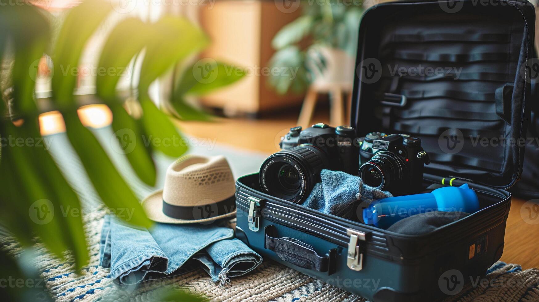 AI generated Modern suitcase open with travel essentials spilling out, background image generative AI photo