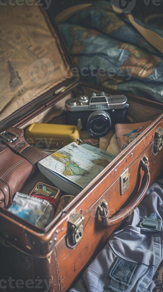 AI generated Capture a vintage suitcase open with travel essentials spilling out, background image generative AI photo