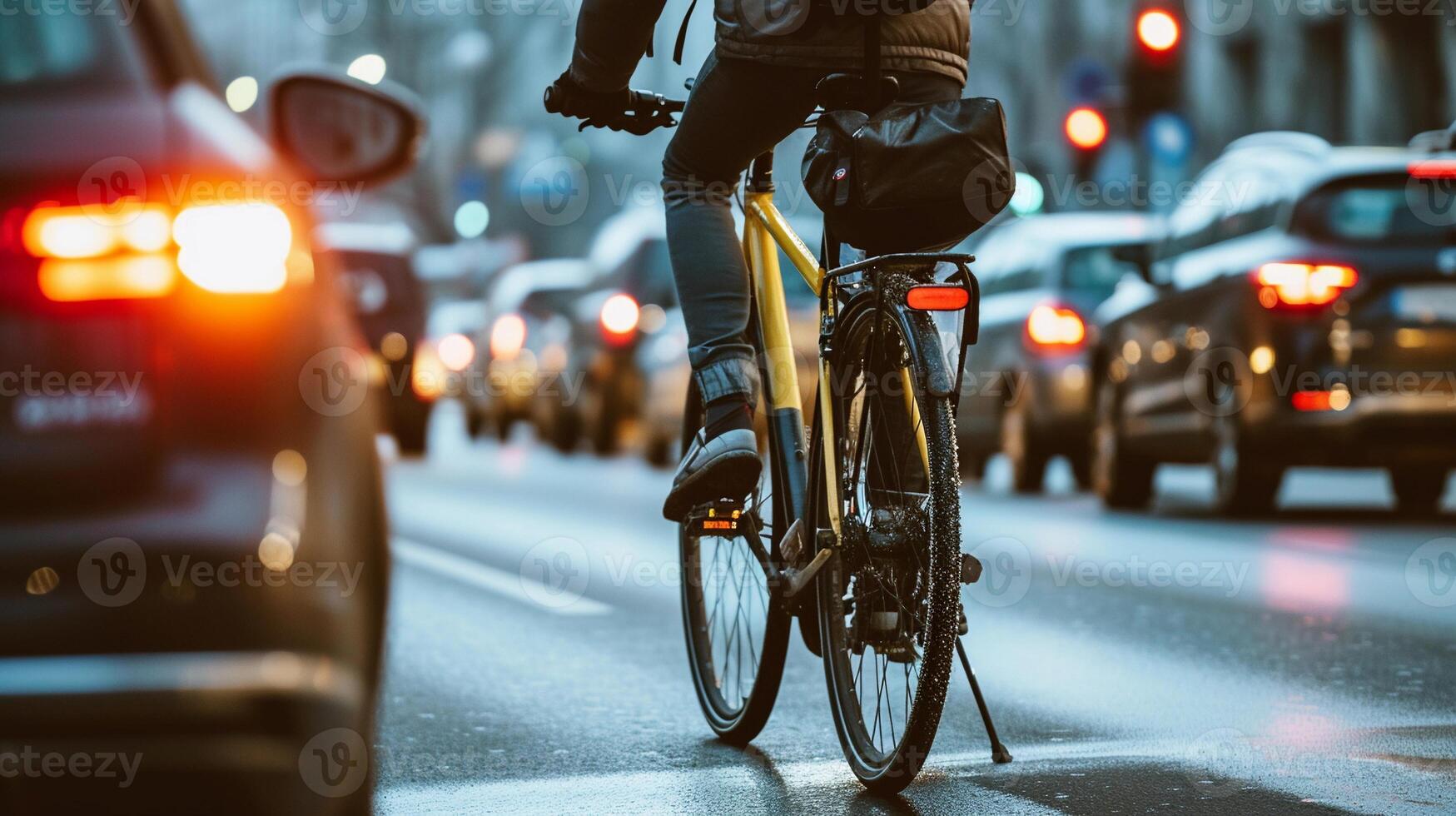 ai generado bicicleta conmutar en el ciudad, viajero diario al trabajo en un bicicleta navegando mediante ciudad tráfico, antecedentes imagen, generativo ai foto