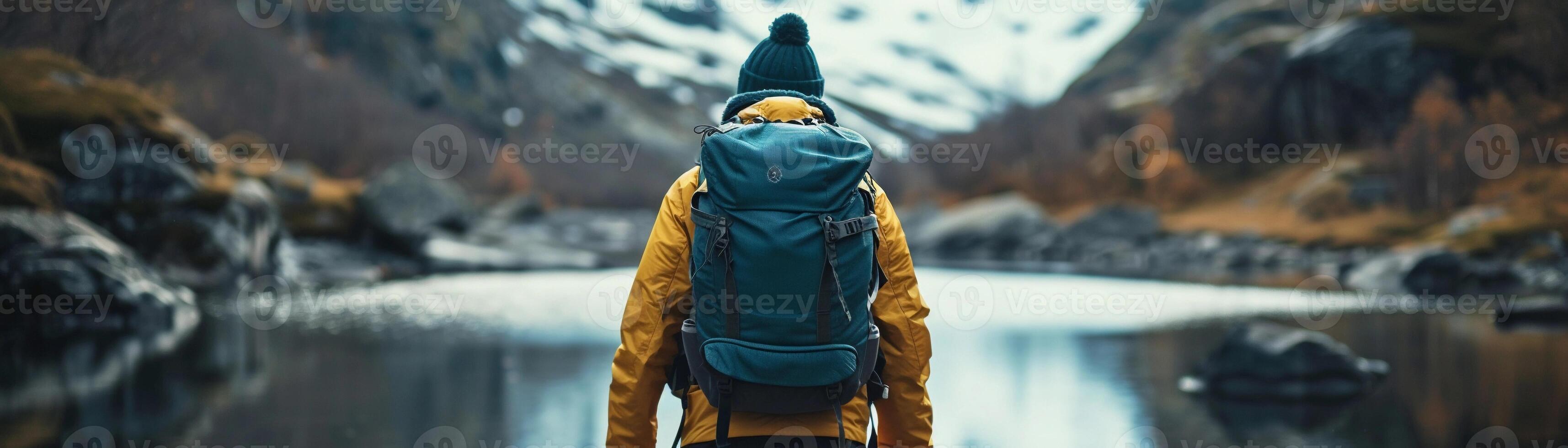 AI generated Solo Backpacker, lone backpacker against a stunning natural backdrop, background image generative AI photo