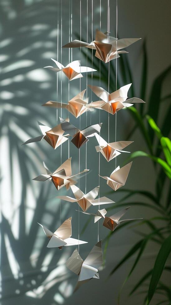 AI generated Origami Mobile, mobile composed of delicate origami creations, background image, generative AI photo