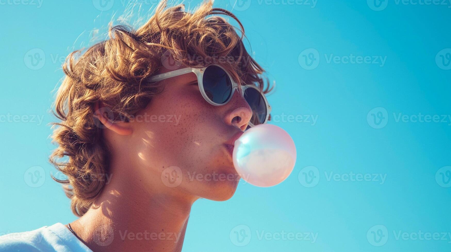 ai generado retrato de un joven blanco masculino vistiendo Gafas de sol soplo burbuja chicle, antecedentes imagen, generativo ai foto