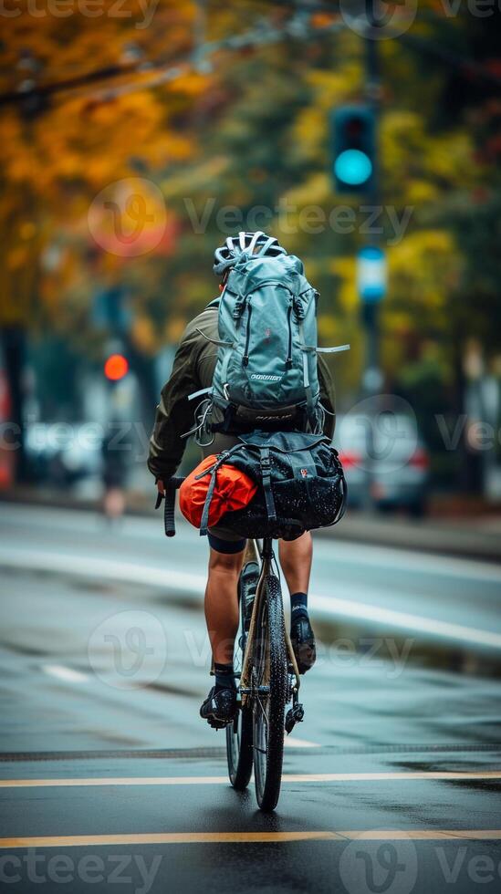 AI generated Bike Touring Adventure, cyclist loaded with touring gear, background image, generative AI photo