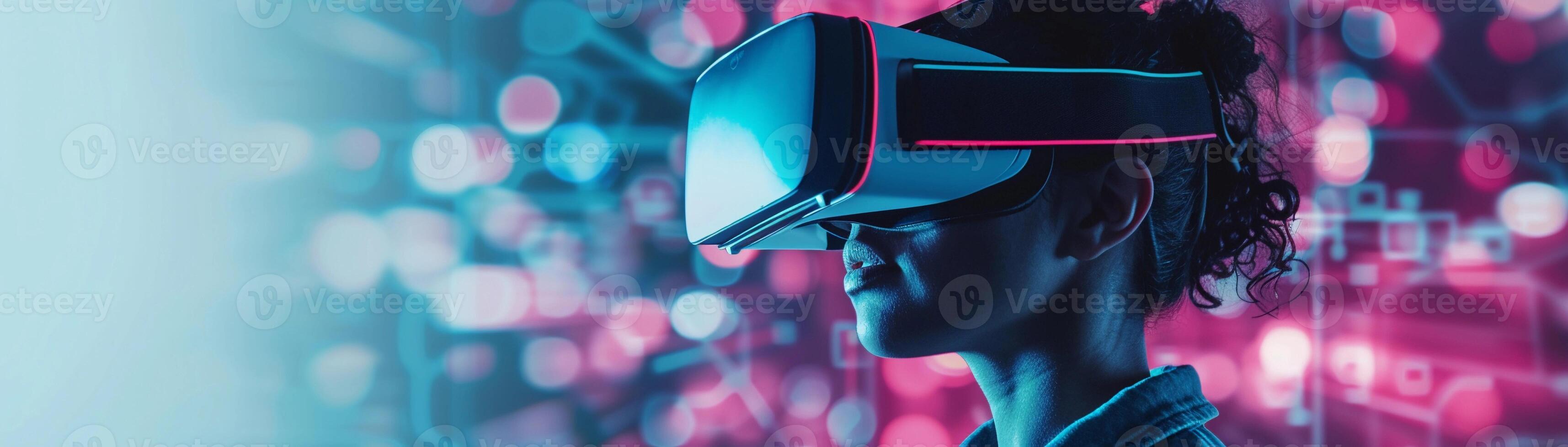 AI generated Virtual Reality Exploration, Capture someone wearing a VR headset, background image, generative AI photo