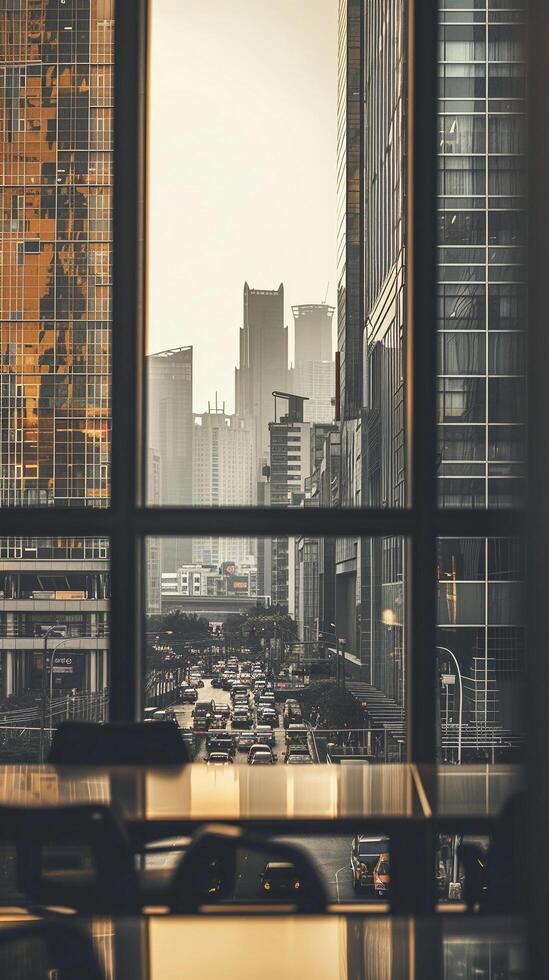 AI generated Cityscape Through the Window, background image, generative AI photo