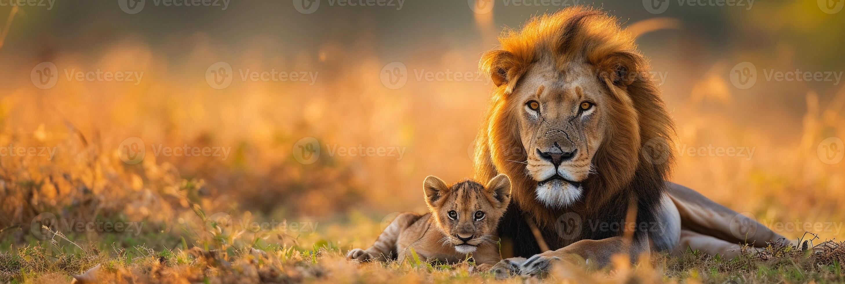 AI generated Portrait of a male lion with a little lion cub, background image, generative AI photo