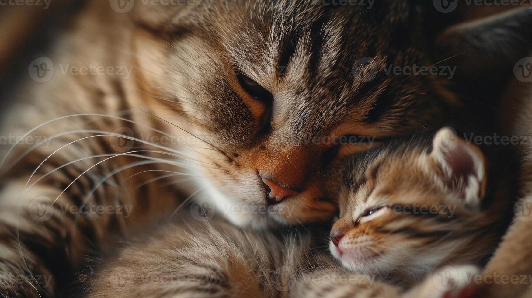AI generated Portrait of a mom cat with a little newborn kitten, background image, generative AI photo