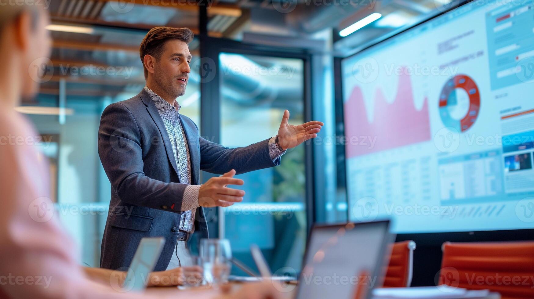 AI generated Capture a professional setting with a presenter leading a boardroom meeting, background image, generative AI photo