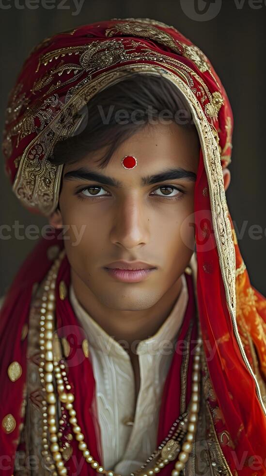 ai generado retrato de joven indio masculino vistiendo tradicional indio ropa, generativo ai foto