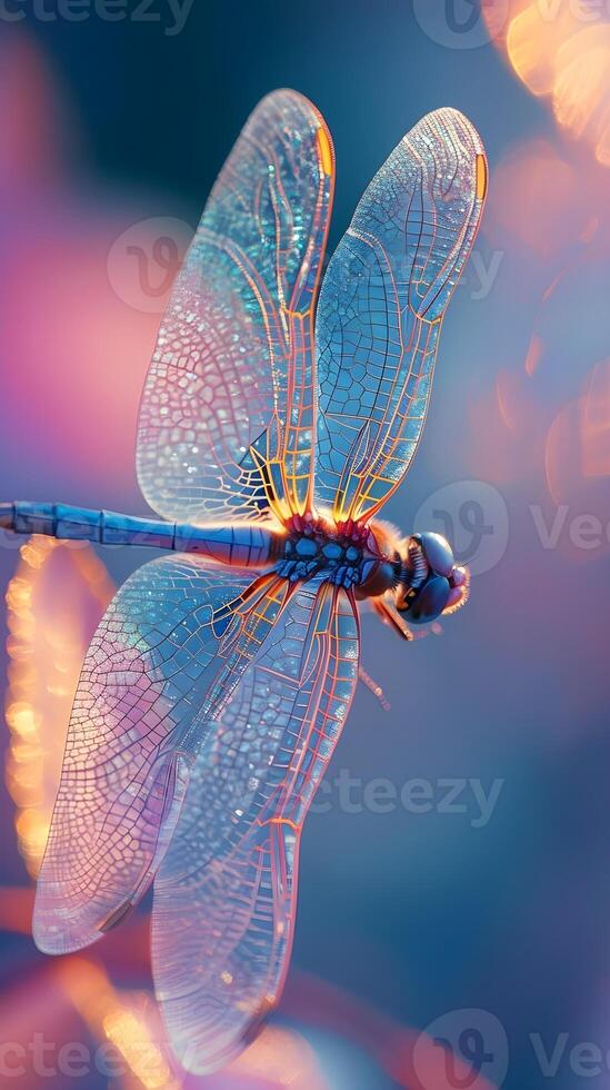 AI generated Capture the translucent beauty of a dragonfly's wings, emphasizing their intricate veining and iridescence, background image, generative AI photo