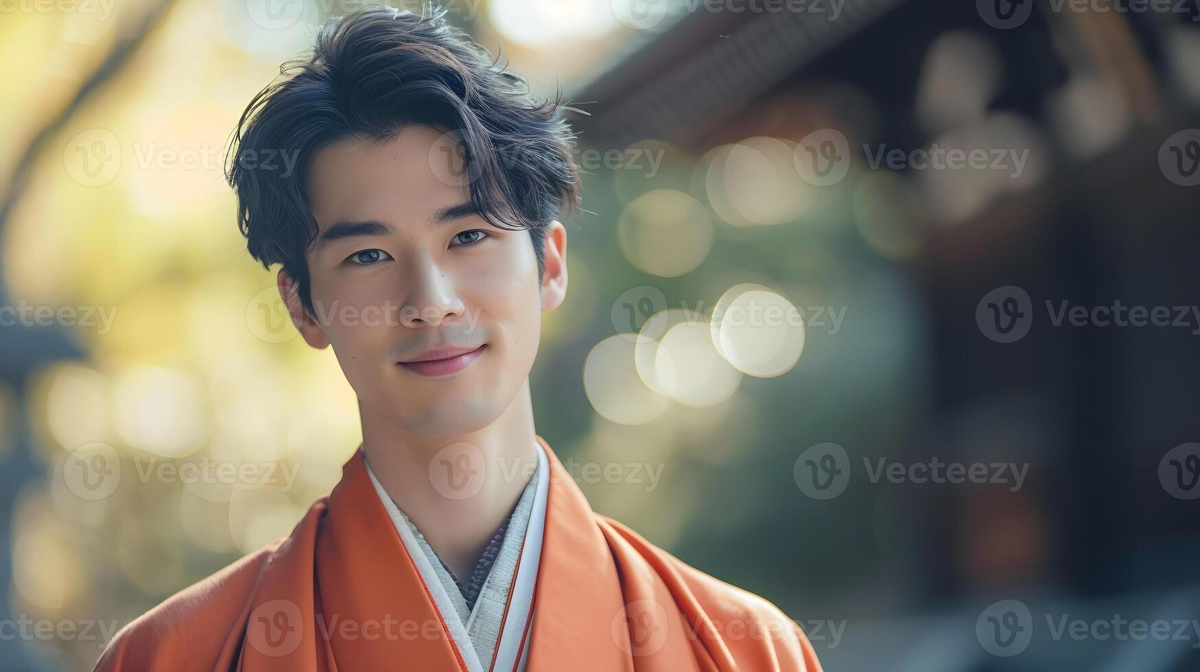AI generated Portrait of young japanese male wearing traditional japanese clothes, generative AI photo