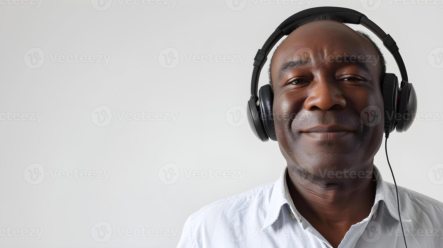 AI generated Portrait of a black middle-aged male smiling while wearing wireless headphones against white background, generative AI photo