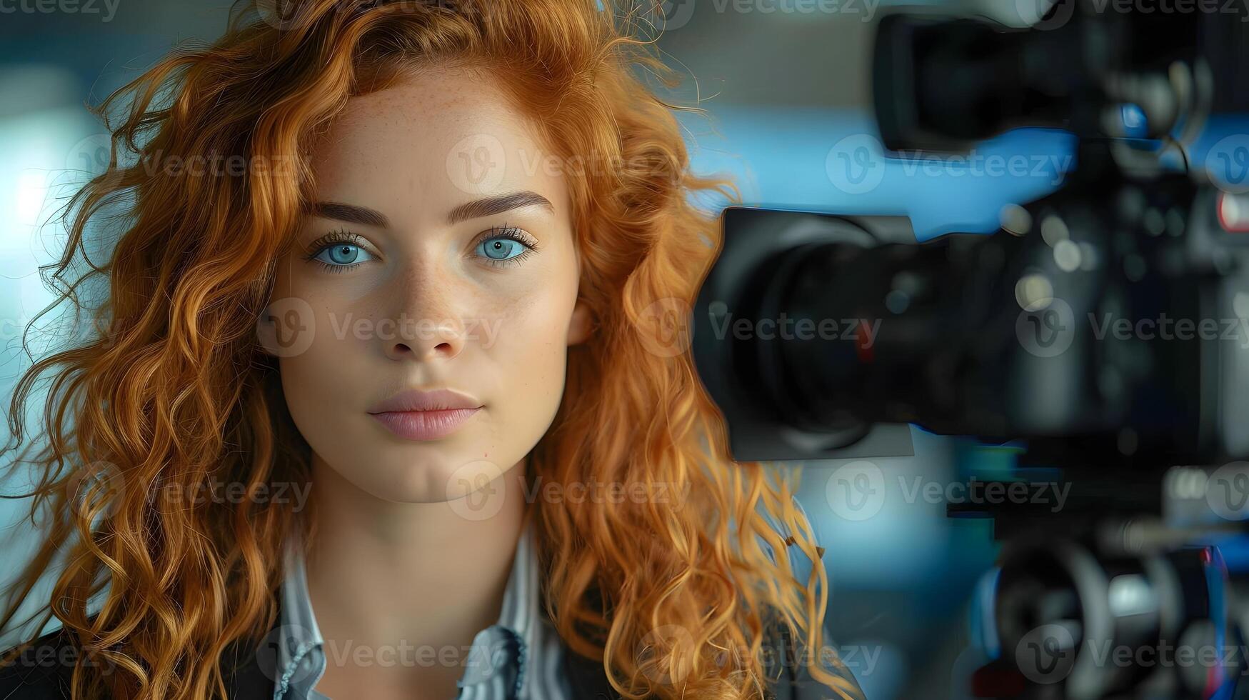 AI generated Portrait of a red curly hair white female reporter in action, background image, AI generated photo