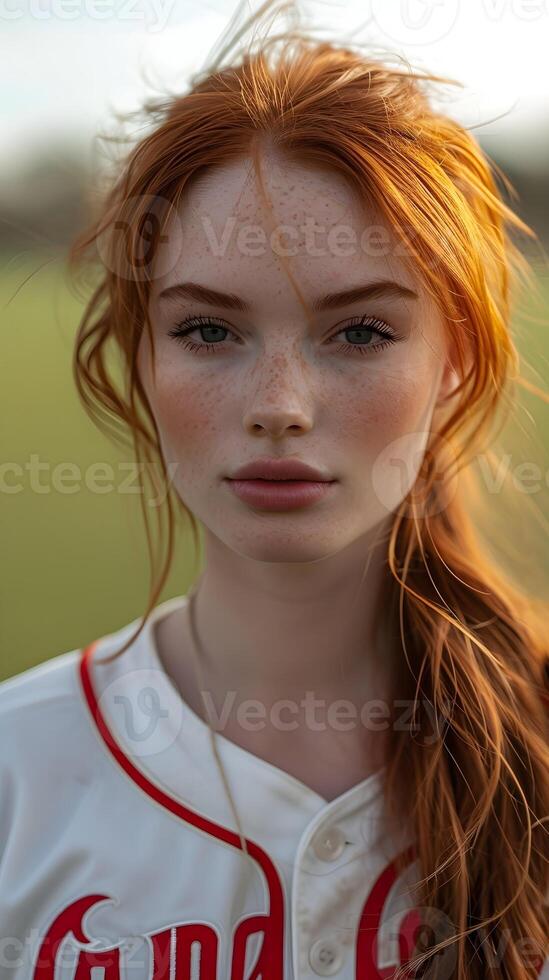 ai generado retrato de un rojo pelo blanco hembra en béisbol jugador uniforme, antecedentes imagen, ai generado foto