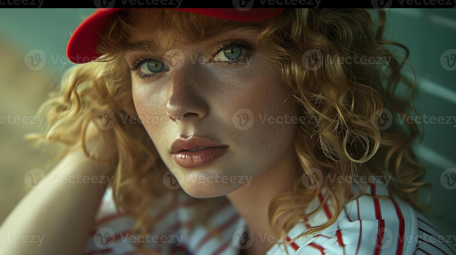 AI generated Portrait of a curly hair white female in baseball player uniform, background image, AI generated photo