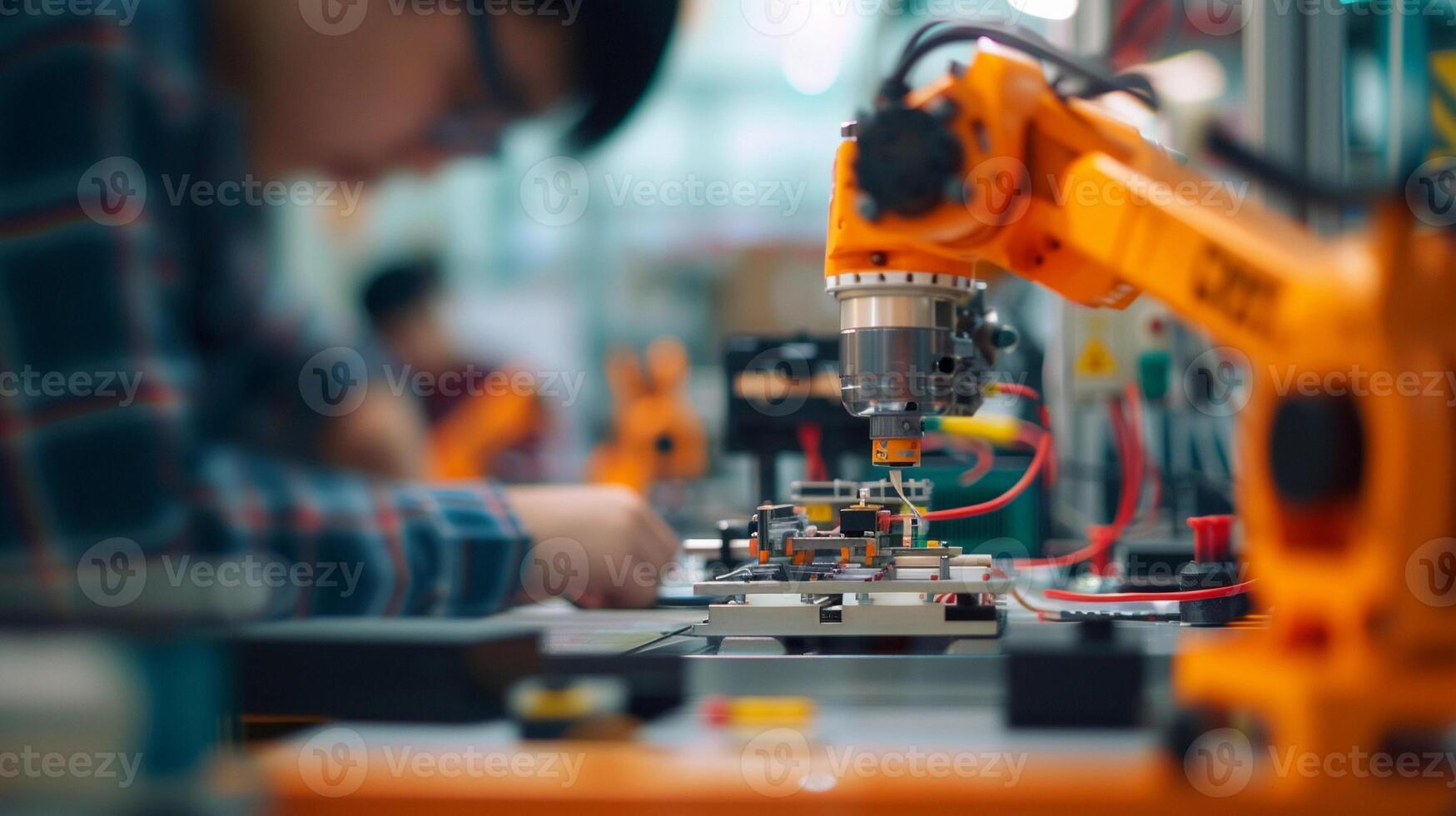 AI generated Robotics Workshop, soft focus lens, Show a workshop filled with advanced robotics, background image, generative AI photo