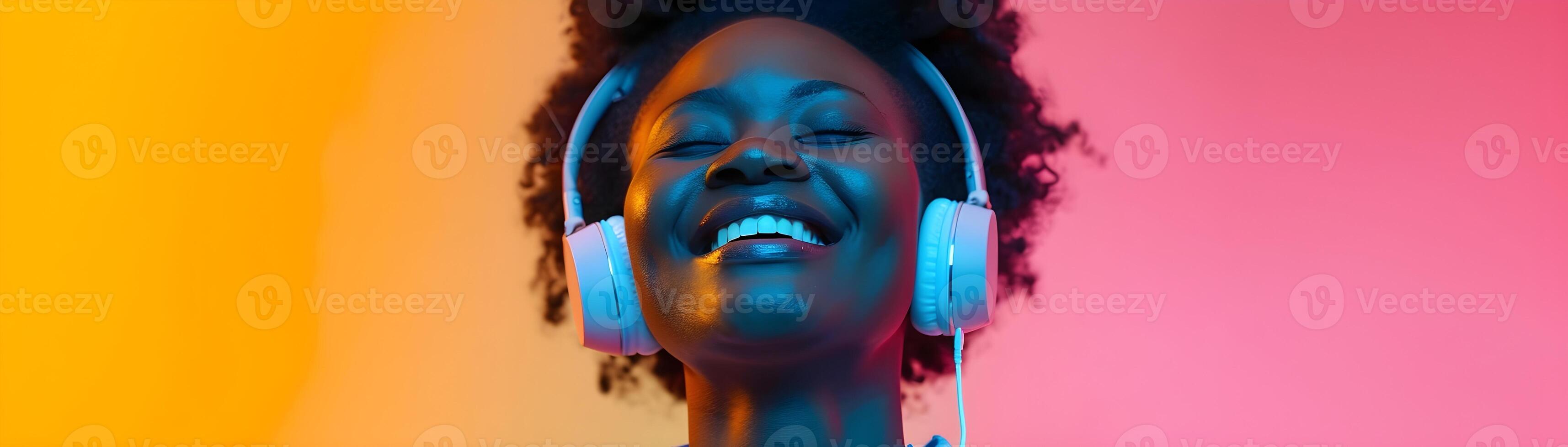 AI generated Portrait of a black middle-aged female smiling while wearing wireless headphones against colorful background, generative AI photo