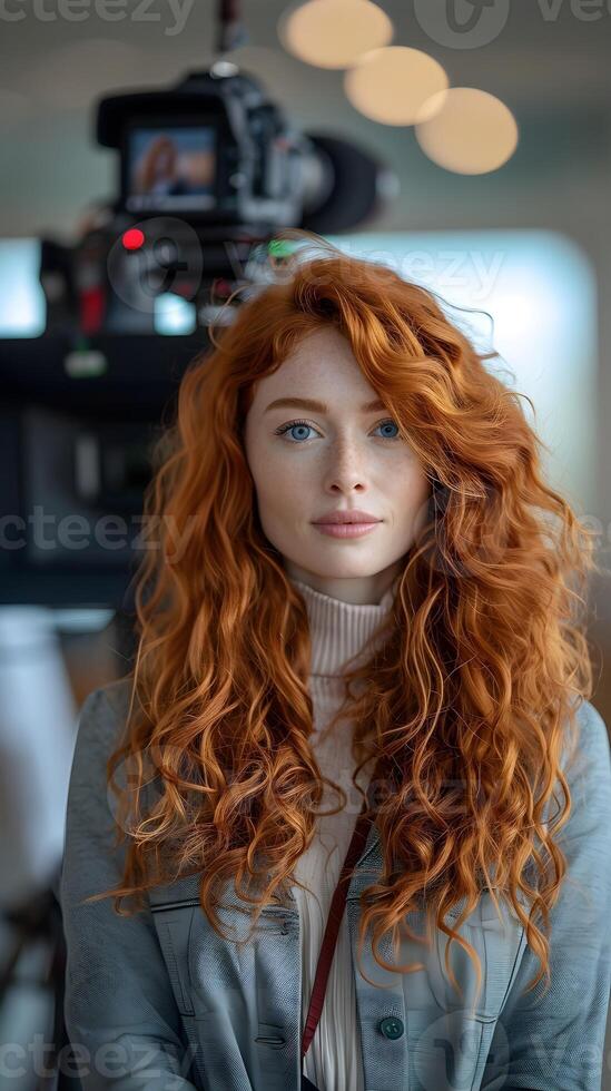 AI generated Portrait of a red curly hair white female reporter in action, background image, AI generated photo