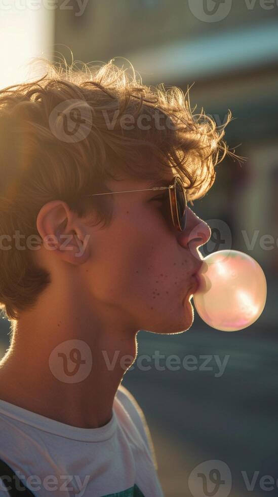 ai generado retrato de un joven blanco masculino vistiendo Gafas de sol soplo burbuja chicle, antecedentes imagen, generativo ai foto