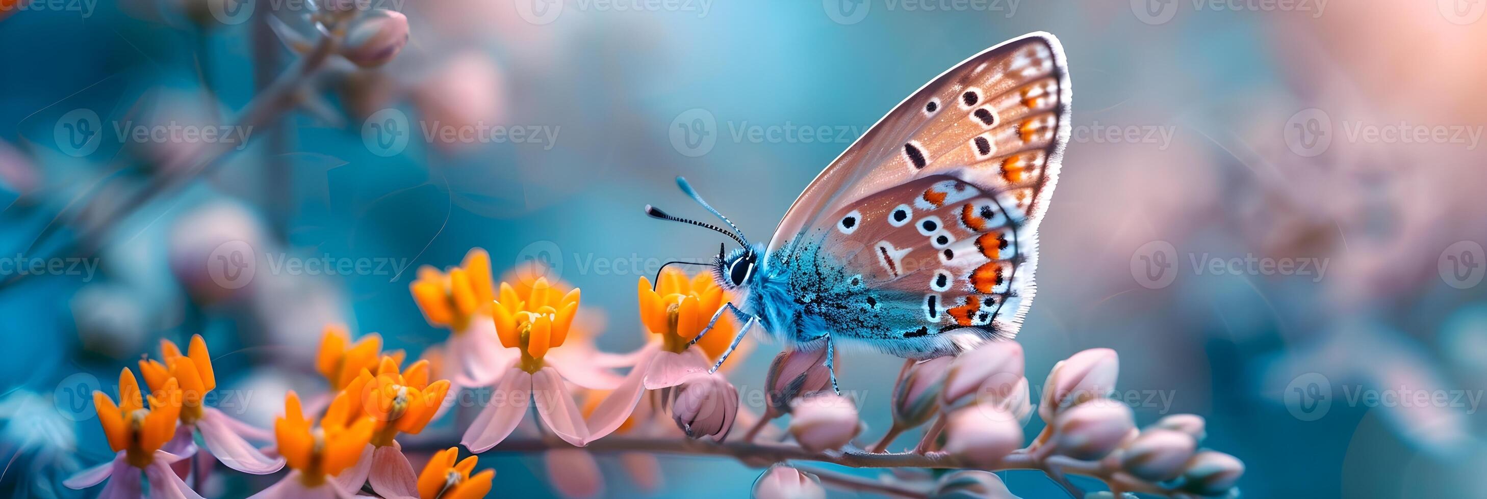 AI generated Butterfly resting on a vibrant flower, background image, generative AI photo