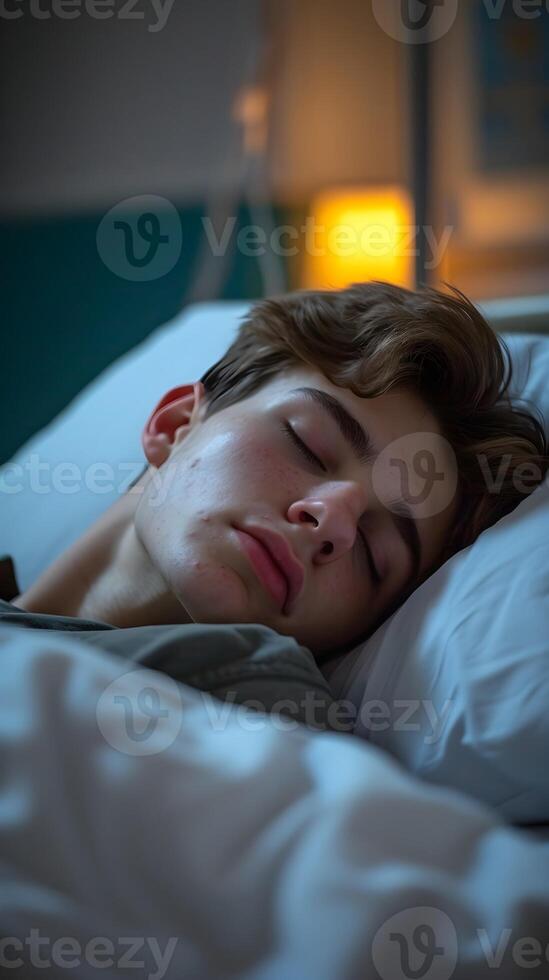AI generated Portrait of a young white male sleeping sick in a hospital bed with a pained face, background image, AI generated photo