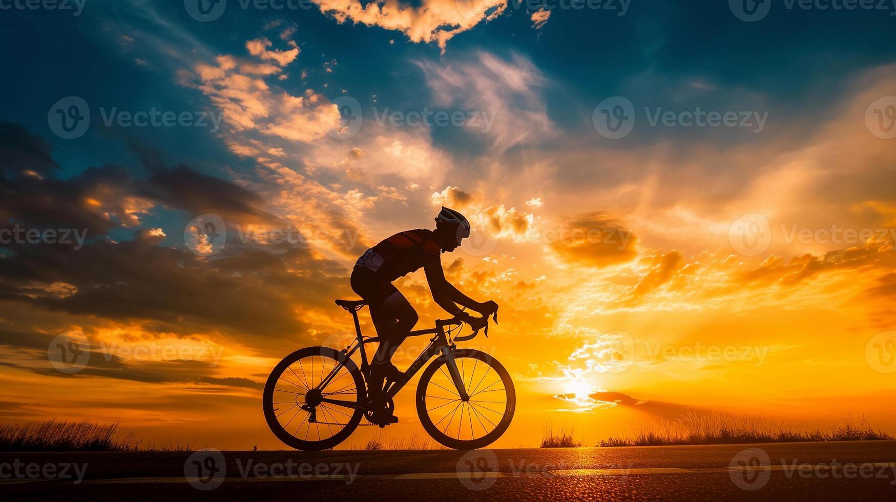 AI generated Cyclist at Sunset, background image, generative AI photo