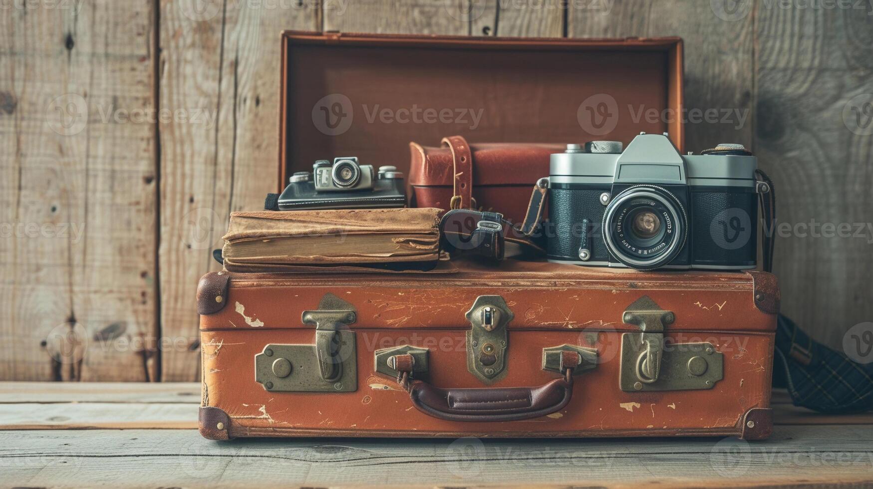 AI generated Capture a vintage suitcase open with travel essentials spilling out, background image generative AI photo